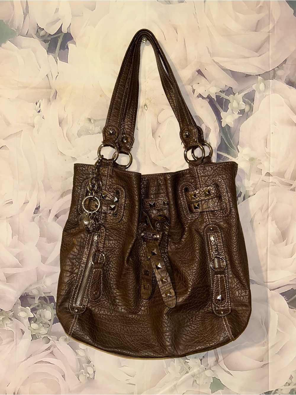 Kathy Van Zeeland Handbag Brown Bling Y2K Purse Tote Drawstring Hobo Multipocket